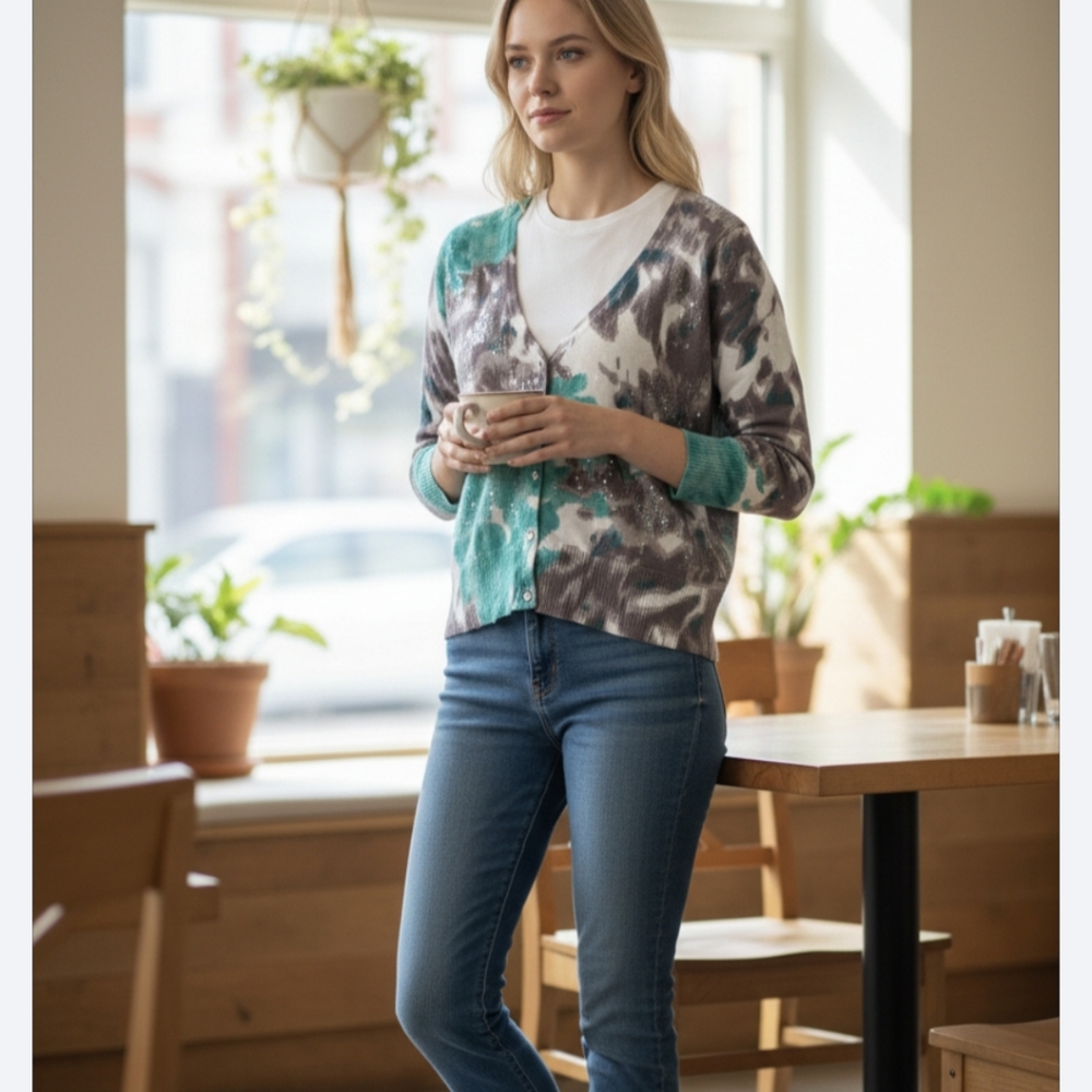 INC bedazzled cardigan with jeweled buttons